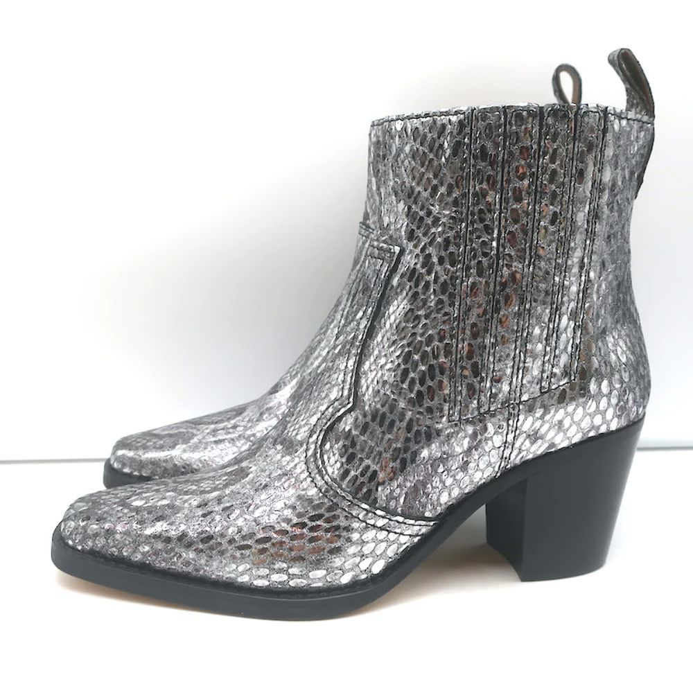 Ganni Callie Western Chelsea Boots Silver Metallic Snake-Print Leather Size 39 - Picture 5 of 10
